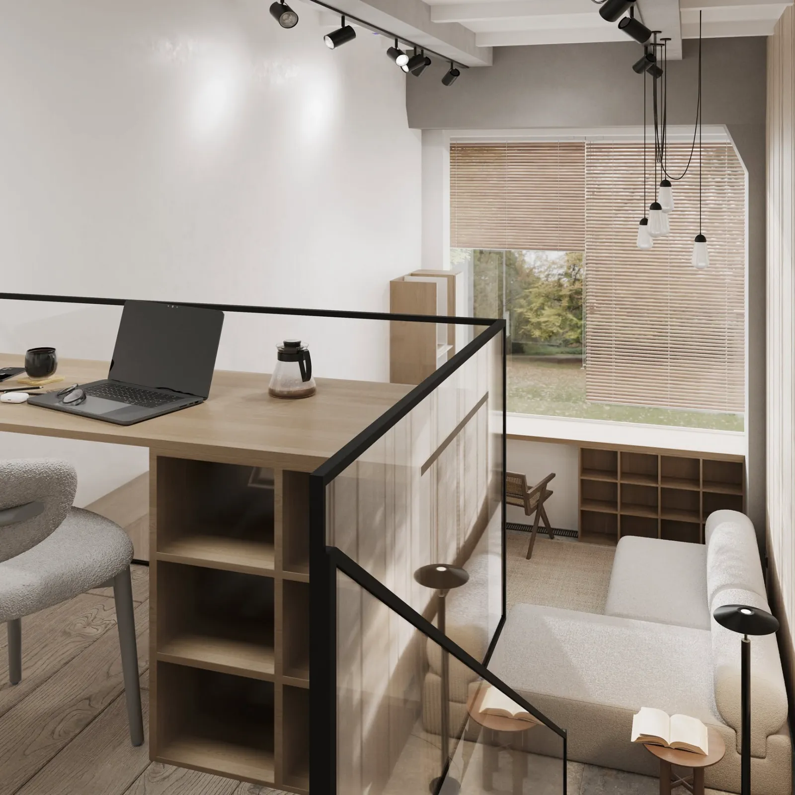 Interior visualisation looking from a mezzanine workspace into a living area within the Šiauliai development