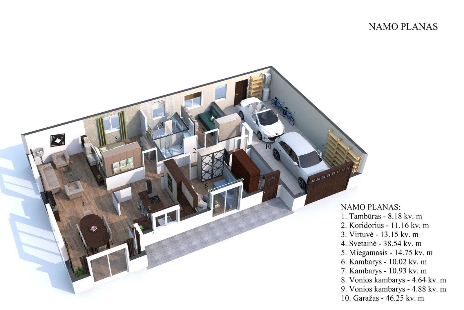 3D furnished floor-plan visualisation of the single-storey house with room areas, including living room, kitchen, bedrooms, bathrooms and garage