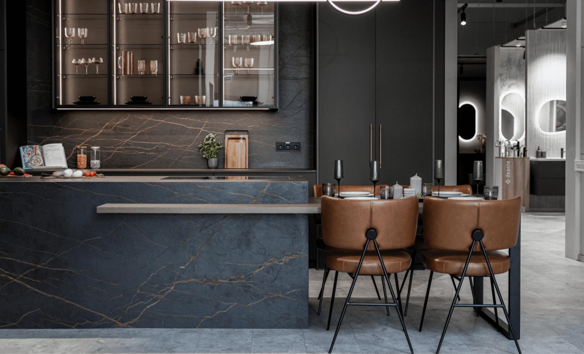 Dark custom display kitchen with stone island, illuminated cabinetry and dining area
