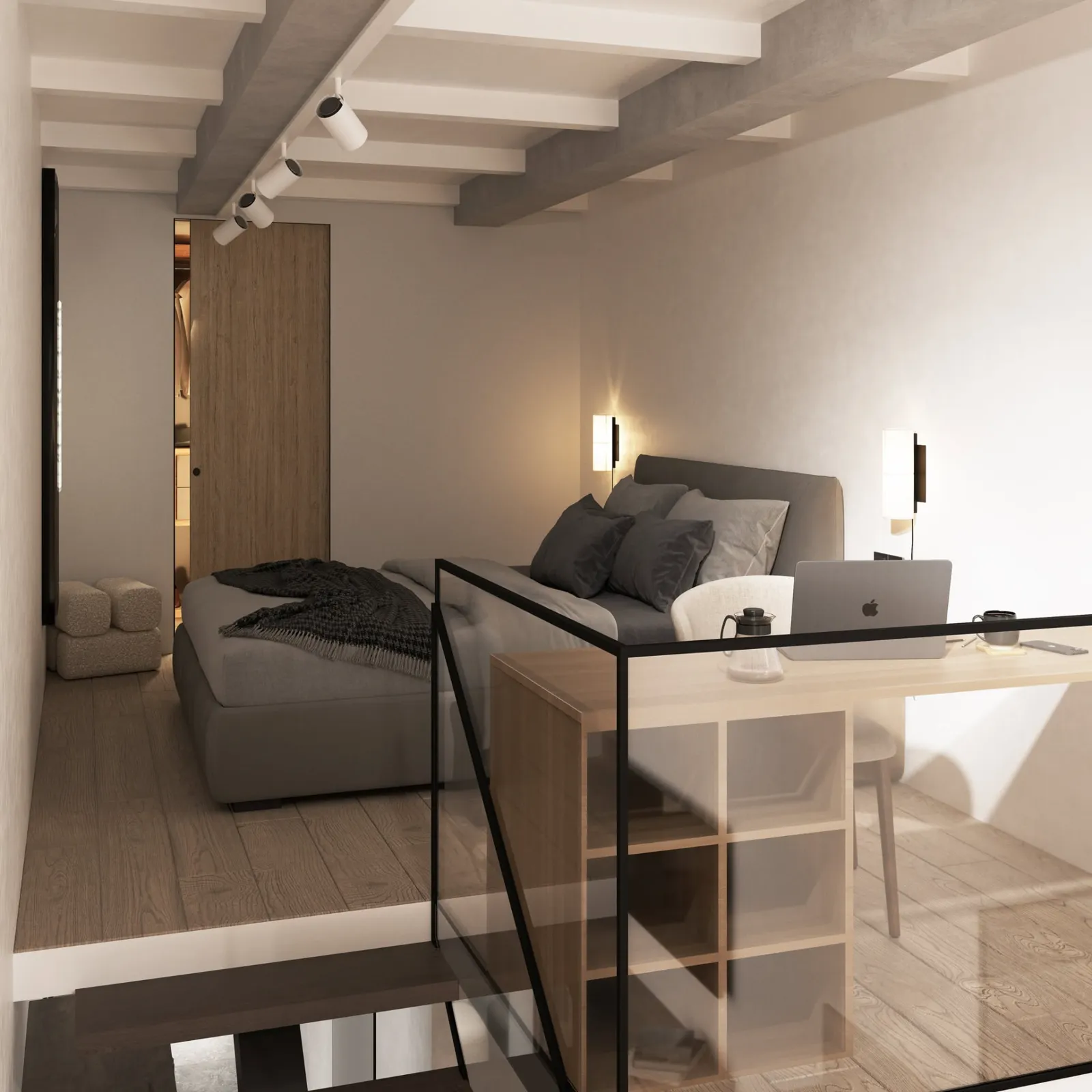 Interior visualisation of a mezzanine bedroom and workspace within the Šiauliai development
