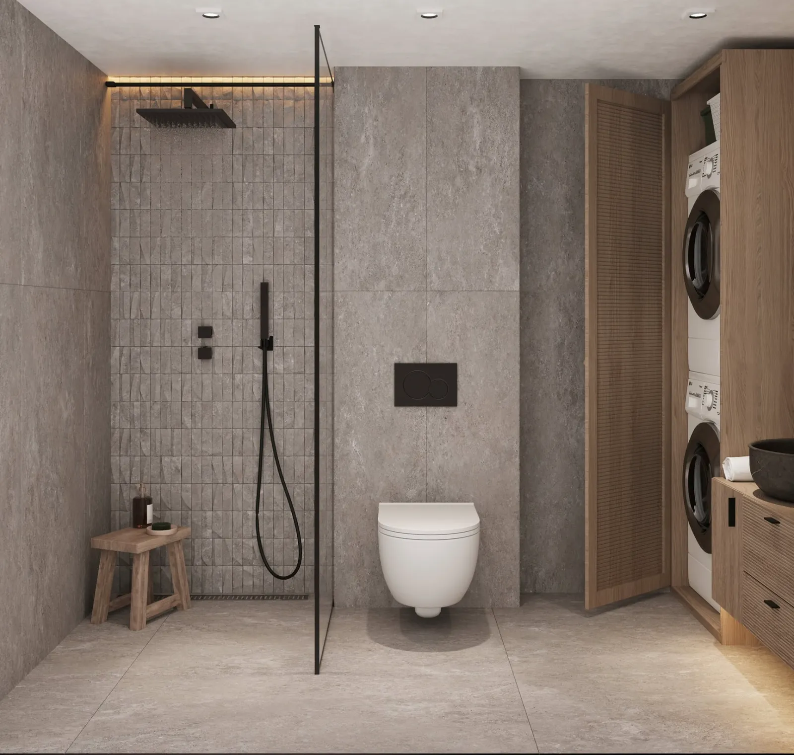 Interior visualisation of a bathroom and integrated utility storage within the Šiauliai development