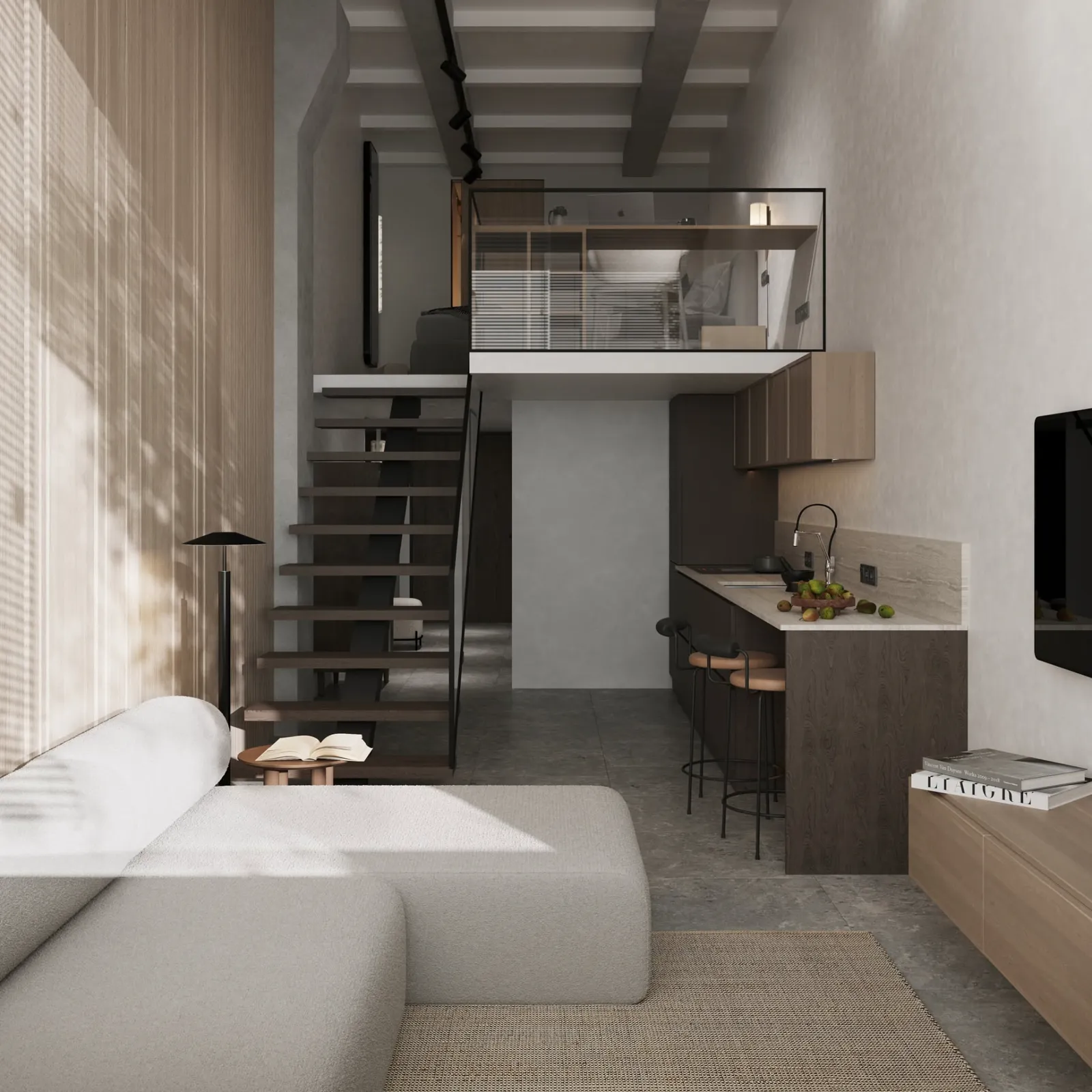 Interior visualisation of a double-height living space and mezzanine within the Šiauliai development