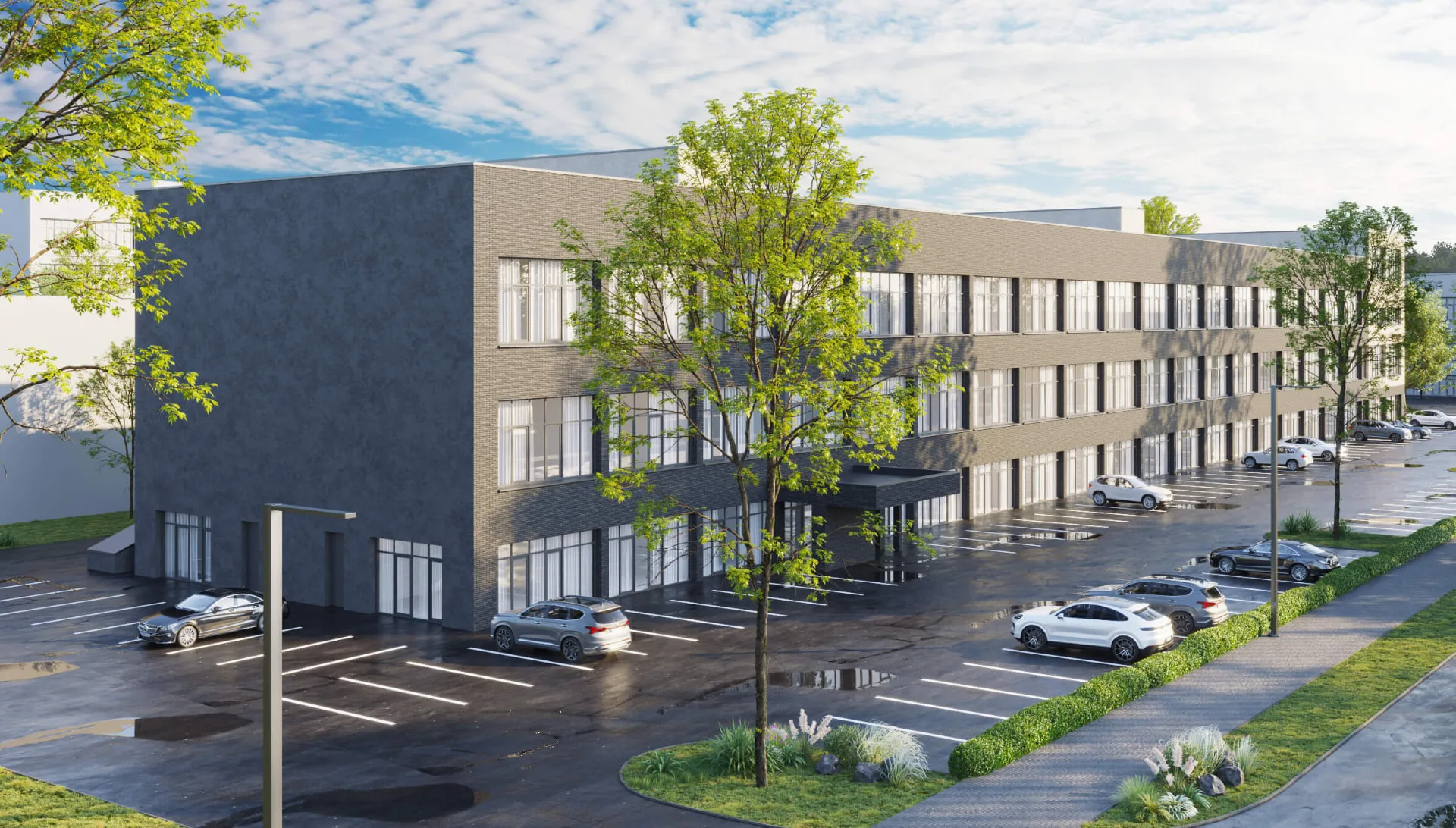 Street-level architectural visualisation of the mixed-use redevelopment in Šiauliai