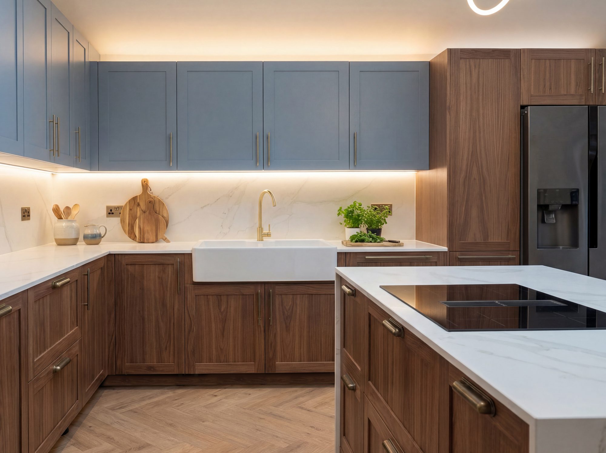 Completed walnut and blue custom kitchen with marble worktops and island