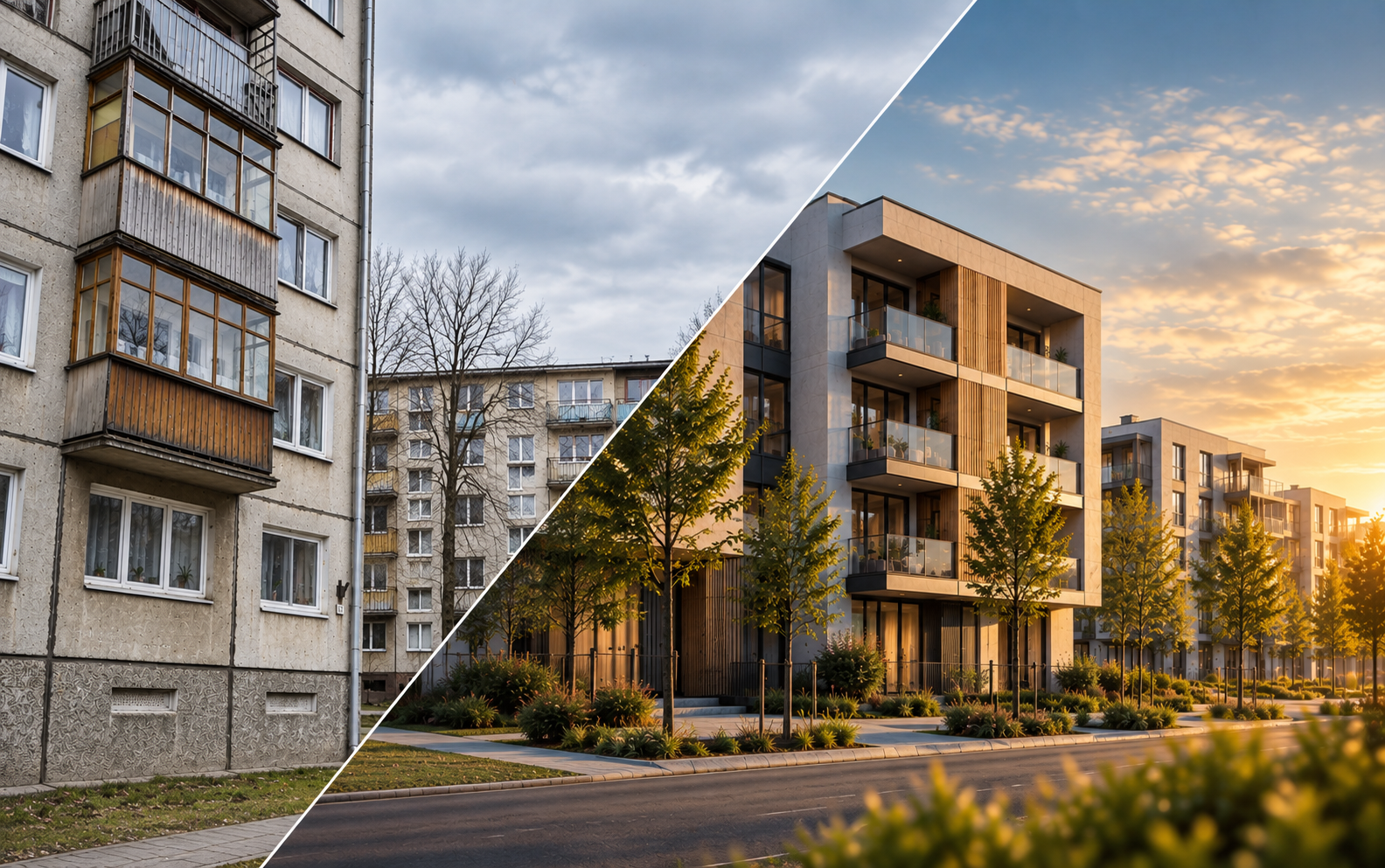 Weathered apartment block beside its contemporary redevelopment, showing the transformation GDiT delivers